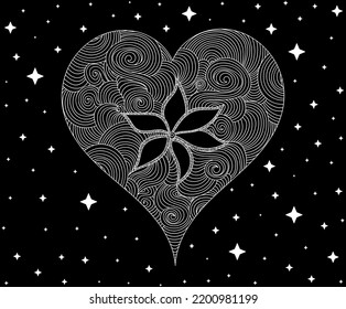 Beautiful vector Valentine heart with flower and linear ornament, among stars