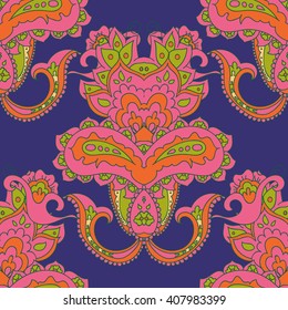 Beautiful vector vintage floral leaf seamless pattern. Traditional ornamental paisley bandanna. You can use this pattern in the design of carpet, shawl, pillow, cushion. Boho hippie style