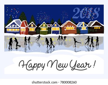 Beautiful vector vintage poster with old town, old houses, buildings, snowflakes,   Ice skater. for Holiday party poster, greeting or invitation card  or for other print 