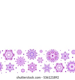 Beautiful vector violet, brown and pink snowflakes isolated on a white background. Horizontal illustration. Snowflakes, snowfall. Falling Christmas stylized snowflakes with place for your text.