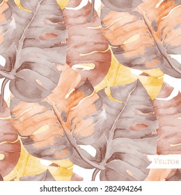 Beautiful vector watercolor seamless pattern with monstera, palm and frangipani. Tropical flowers and leaves pattern.
