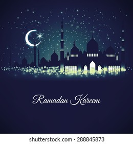 Beautiful vector web or graphic design template on Generous Ramadan with mosque silhouettes on blue night sky, moon and stars. The meaning of Ramadan Kareem is Ramadan The Generous Month