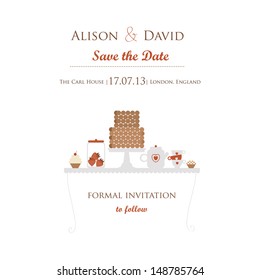 Beautiful vector wedding background with cakes. Wedding invitation template. 