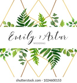 Beautiful Vector Wedding floral invitation, invite, save the date card  design with natural green forest leaves, greenery herbs plants border with golden luxury delicate geometrical print on backgrond