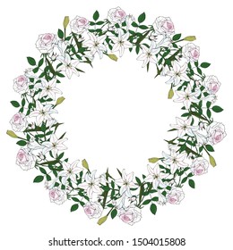 Beautiful vector wedding wreath of white roses and lilies. Holiday. Valentine's Day. Realistic botanical doodling. Hand drawing. Gentle colors. Isolated object on a white background.