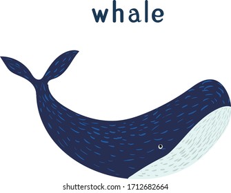 Bella ballena vectorial, olas, océano, peces pequeños y hierba de agua, algas marinas