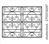 Beautiful vector window grill design featuring elegant curved scroll patterns and symmetrical ornamental details. Ideal for architectural visualization.