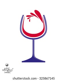 Beautiful vector wine goblet with splash, alcohol theme illustration. Stylized art wineglass, decorative romantic rendezvous object, graphic element.