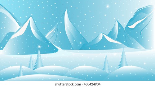 Beautiful vector winter background with snow covered mountains and icy landscape. Happy New Year illustration. The snowflakes are located on different layer