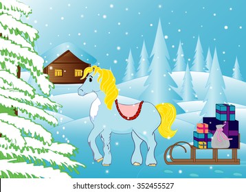 Beautiful vector winter landscape with funny horse bringing Christmas presents to the house