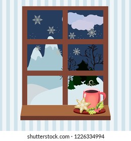 Beautiful vector winter landscape in your window and a cup of coffee on the windowsill