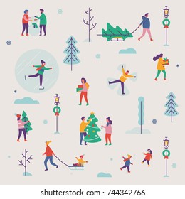 Beautiful vector winter season pattern featuring Christmas holidays outdoor activities. Abstract people making snowman, carrying xmas trees on sleigh, carrying gift boxes, ice skating, playing, etc.