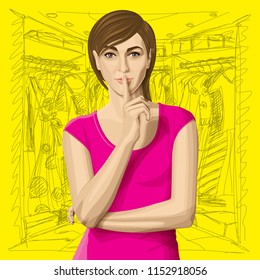 Beautiful vector woman with secret. Girl say shhh. Vector portrait of happy woman