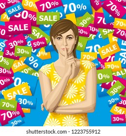 Beautiful vector woman with secret. Girl say shhh. Vector portrait of happy woman
