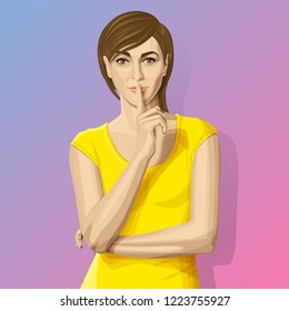 Beautiful vector woman with secret. Girl say shhh. Vector portrait of happy woman