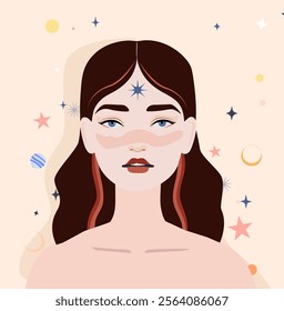 Beautiful vector of a woman symbolizing the zodiac sign Virgo, surrounded by stars and cosmic elements on a soft beige background. Great for celestial and zodiac-themed projects