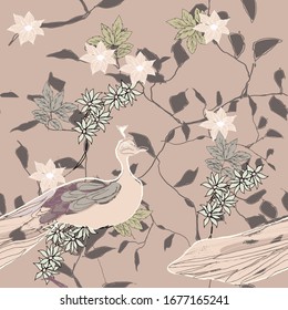 Beautiful vectorial digital pattern, with seamless pink turkey animal, blossom branches and little flowers, wildlife chinoiserie wallpaper. All illustration are digital.