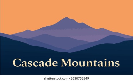 A beautiful vector-style illustration of the Cascade Mountains, highlighting snow-capped peaks at dawn, surrounded by lush forests and scenic hiking trails