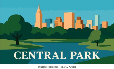 A beautiful vector-style illustration of Central Park, featuring its peaceful winter landscape with snow-covered paths, trees, and the iconic New York City skyline in the background