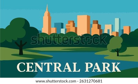A beautiful vector-style illustration of Central Park, featuring its peaceful winter landscape with snow-covered paths, trees, and the iconic New York City skyline in the background