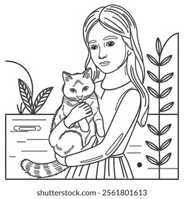 A beautiful vector-style illustration of a girl with long, flowing hair gently holding a cat 