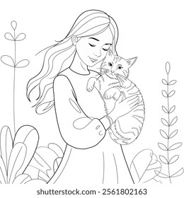 A beautiful vector-style illustration of a girl with long, flowing hair gently holding a cat. The girl has a serene expression and is dressed in a simple 