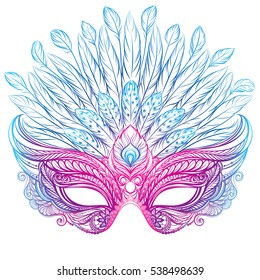 Beautiful Venetian carnival mask with feathers. Vector illustration for t-shirt print, poster, greeting card, banner, flyer or other design. Isolated on white background.