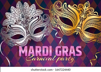 Beautiful venetian mask. Mardi Gras Carnival Party invitation card template. Spring holidays. Vector illustration EPS10.