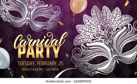 Beautiful venetian mask. Mardi Gras Carnival Party invitation card template. Spring holidays. Vector illustration EPS10.