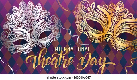 Beautiful venetian mask. Theatre Day Party invitation card template. Spring holidays. Vector illustration EPS10.
