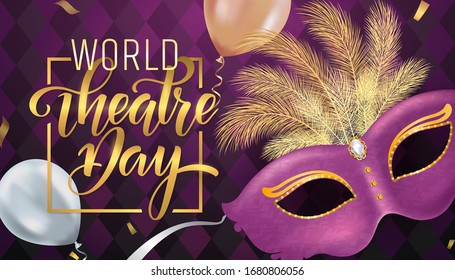 Beautiful venetian mask. Theatre Day Party invitation card template. Spring holidays. Vector illustration EPS10.
