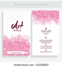 Beautiful vertical business card, name card or visiting card set decorated with pink color abstract designs. 