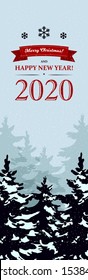 Beautiful vertical Christmas greeting card in retro style with Christmas trees and lettering. Place for text. Vector illustration with hand drawn elements.