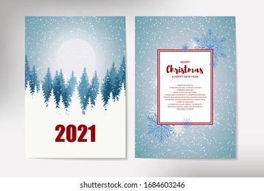 Beautiful vertical Christmas greeting card with Christmas trees on bright blue background with backside. Place for text. Vector illustration with hand drawn elements.