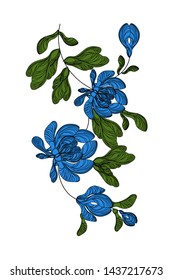 Beautiful vertical composition with blue maple flowers on a white background. Ethnic floral motif made from natural elements. Author's eco design