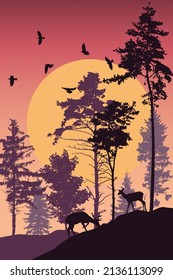 Beautiful vertical landscape. Silhouette of forest and deers on background of sun and flying birds. Realistic fir trees and pines. Vector illustration
