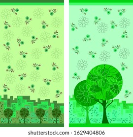 Beautiful vertical posters with trees and flowers on the background of city. Design in green colors