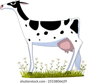 Beautiful very elegant Holstein dairy cow seen in profile on a meadow with many daisies