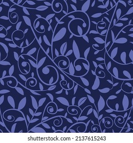 Beautiful very peri swirly leaves seamless pattern on dark blue background. Great for home décor, textile and wallpaper 