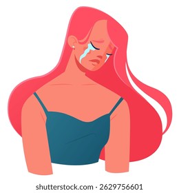 Linda, mas muito triste menina discretamente chora com lágrimas abundantes. O corpo inteiro reflete tristeza, os ombros abaixados, a cabeça arqueada. Conceito de luto, estados depressivos impotência