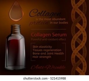 Beautiful vial with cosmetic oil. Premium shining serum droplet. Vector image. Transparent scientific concept in deep brown tones. Packaging idea.