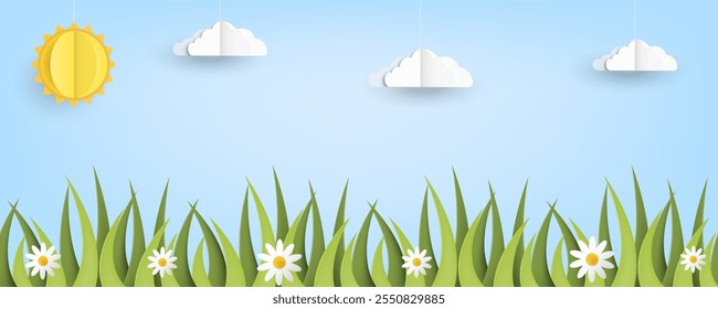 A Beautiful and Vibrant Bright Spring Landscape Featuring Sun, Clouds, and Colorful Flowers