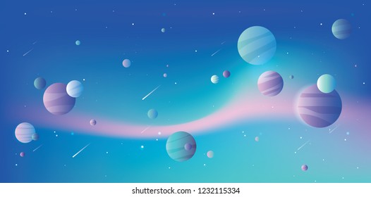 Beautiful vibrant colorful universe vector illustration with blue, pink and purple planets and falling comets