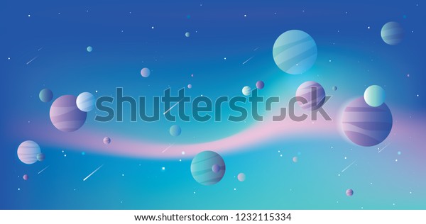 青 ピンク 紫の惑星と落下する彗星を持つ 美しい鮮やかなカラフルな宇宙ベクターイラスト のベクター画像素材 ロイヤリティフリー