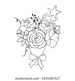 A Beautiful and Vibrant Floral Bouquet with an EyeCatching Star Decoration for Coloring Fun. Vector Illustration