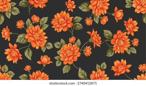 A beautiful vibrant orange floral pattern on a dark gray background