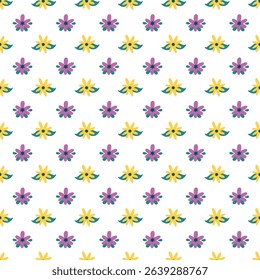 A beautiful and vibrant seamless floral pattern showcasing yellow and purple flowers with green leaves. Perfect for spring and summer themes, fabric designs, crafts, and digital projects.