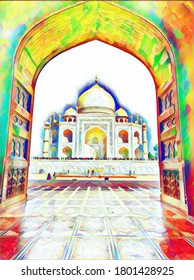 Beautiful and vibrant Taj Mahal. Historical building vector in multiple colours. 