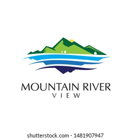 A beautiful and vibrant vector logo featuring a majestic green mountain range above a flowing blue river with a sun element. This scenic landscape design captures the essence of tranquility, exploration, and natural beauty. Perfect for travel agencies, national parks, outdoor adventure gear, eco-friendly resorts, environmental organizations, and hiking communities seeking a fresh and inspiring visual identity.