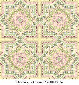 Beautiful victorian majolica tile seamless ornament. Ethnic geometric vector motif. Plaid print design. Traditional spanish mayolica tilework perpetual pattern. Floor decor graphic design.